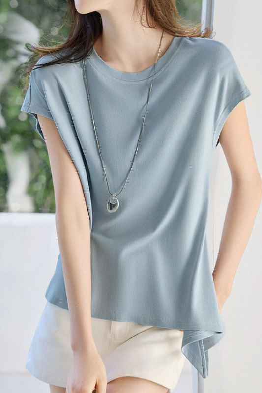 Side tie round neck drop shoulder short sleeve T-shirt - liwisi
