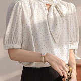 Polka dot bow tie short sleeve shirt - liwisi