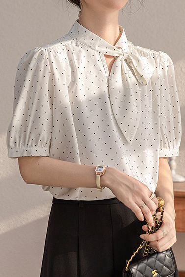 Polka dot bow tie short sleeve shirt - liwisi