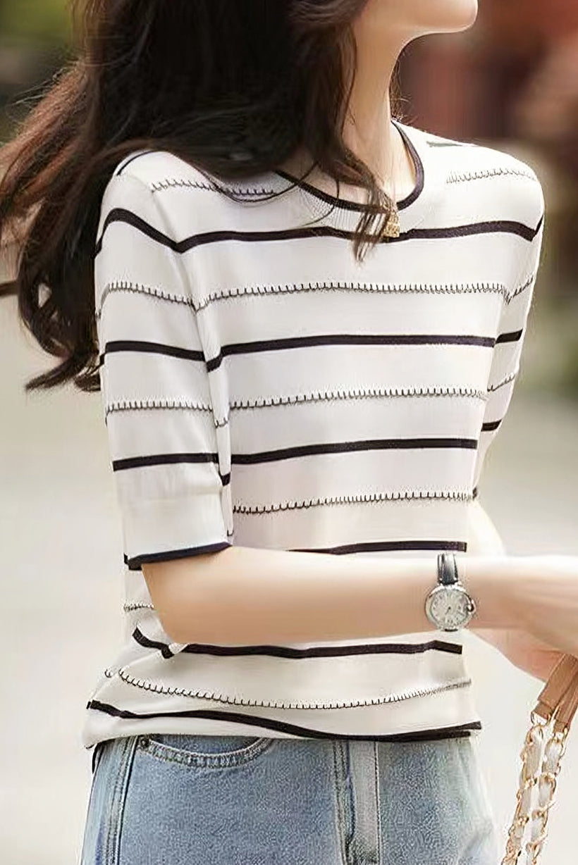 Striped Ice Silk Knit Short Sleeve T-shirt - liwisi