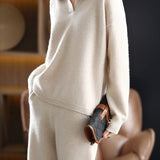 Two-Piece Set: Collared Knit Top + Knit Straight Pants - 4 Colors Available - liwisi