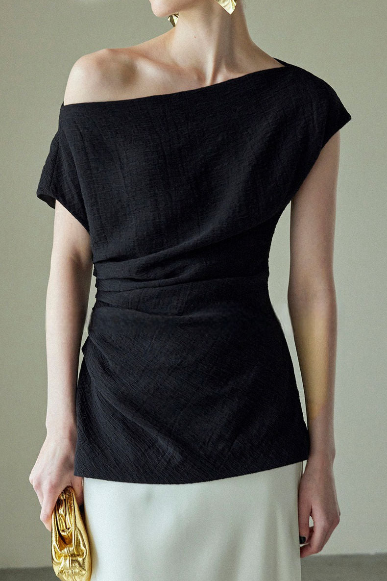 Textured off-shoulder fitted top with side pleats, loose pleated wide-leg pants two-piece set - liwisi