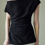 Textured off-shoulder fitted top with side pleats, loose pleated wide-leg pants two-piece set - liwisi