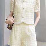 Round neck short sleeve hollow top and shorts two-piece set - liwisi