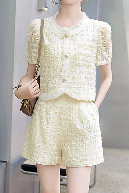 Round neck short sleeve hollow top and shorts two-piece set - liwisi