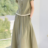 Color block faux two-piece casual T-shirt and A-line skirt set - liwisi