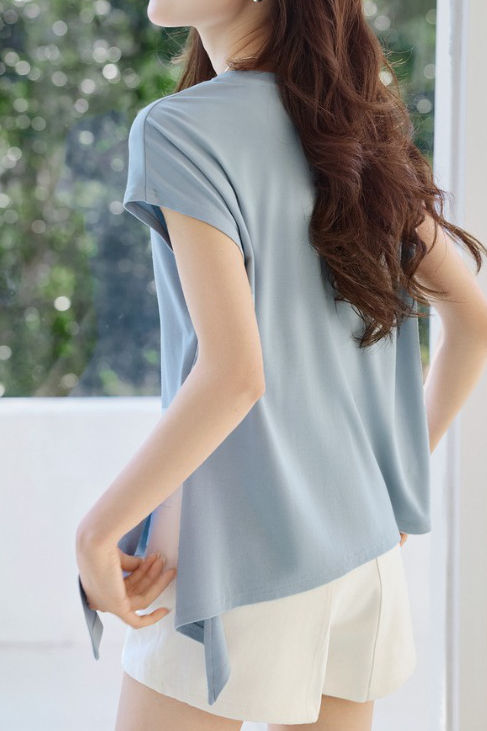 Side tie round neck drop shoulder short sleeve T-shirt - liwisi