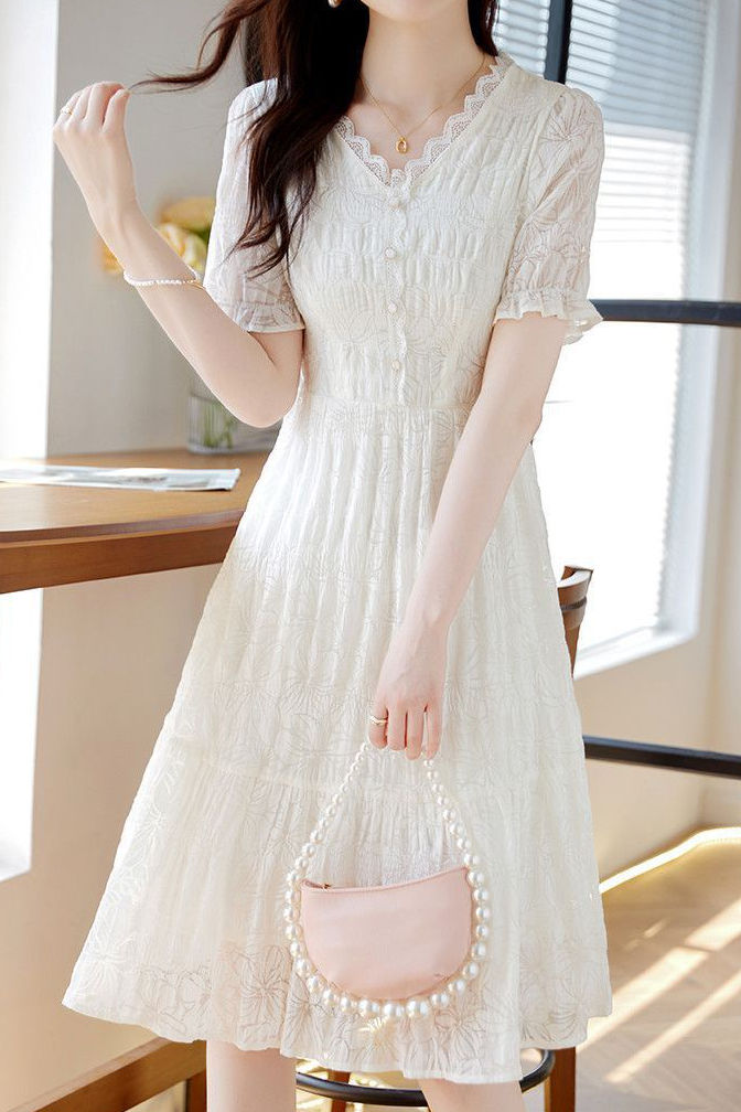 V-neck lace spliced A-line dress - liwisi