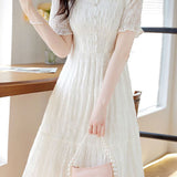 V-neck lace spliced A-line dress - liwisi