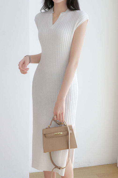 V-neck cap sleeve fitted dress with side slits in ribbed knit - liwisi