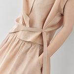 Linen button-up irregular design short sleeve shirt with A-line long skirt set - liwisi