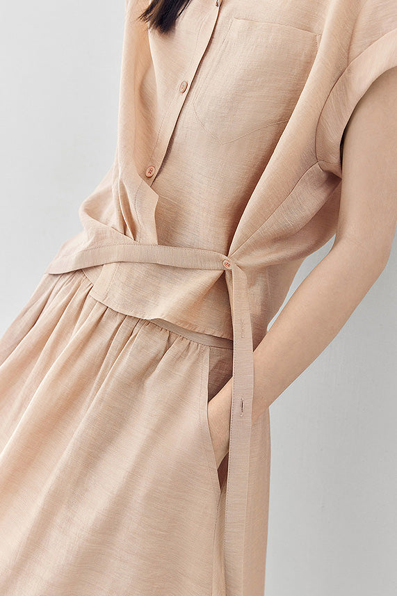 Linen button-up irregular design short sleeve shirt with A-line long skirt set - liwisi