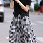 Side-slit short sleeve T-shirt with A-line plaid skirt set - liwisi