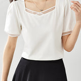 Square Neck Patchwork Puff Sleeve T-Shirt - liwisi