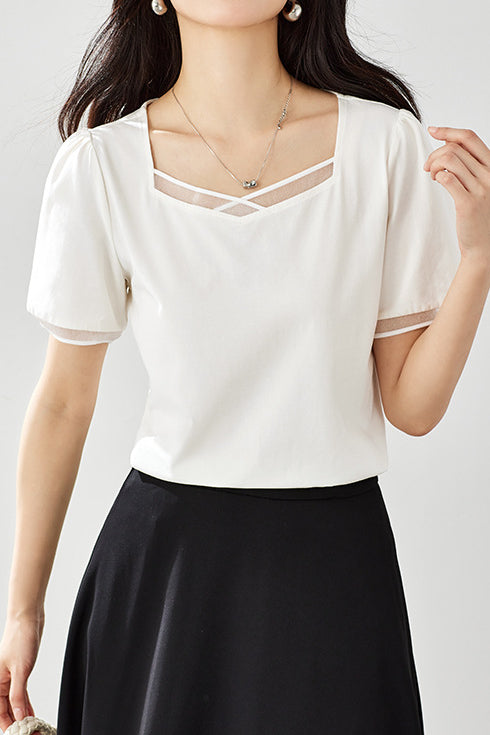 Square Neck Patchwork Puff Sleeve T-Shirt - liwisi