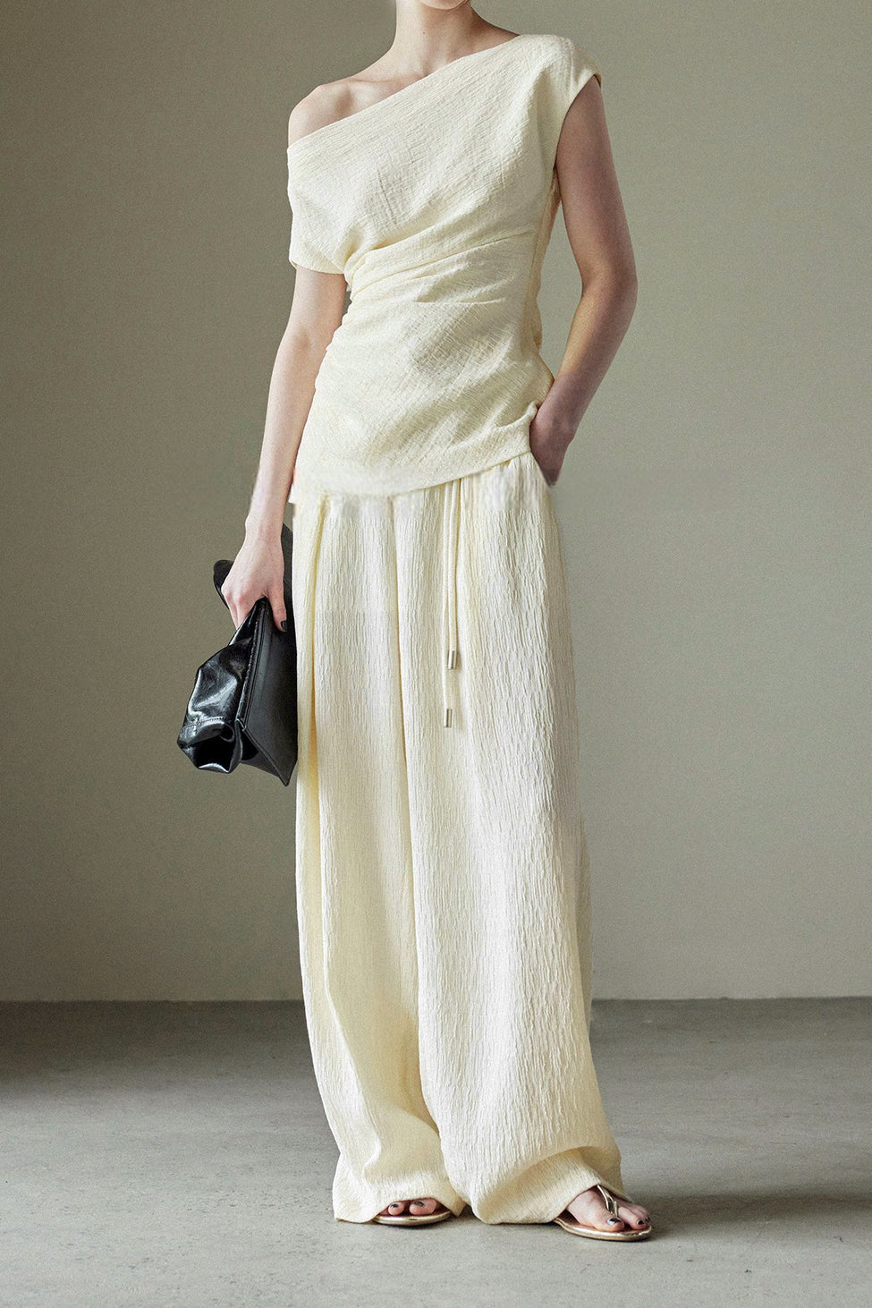 Textured off-shoulder fitted top with side pleats, loose pleated wide-leg pants two-piece set - liwisi