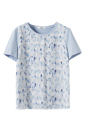 Round Neck Art Print Jacquard Check Contrast T-Shirt with Lining - liwisi
