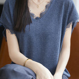 V-neck lace-trimmed knit T-shirt - liwisi