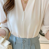 V-neck pearl short sleeve chiffon shirt - liwisi