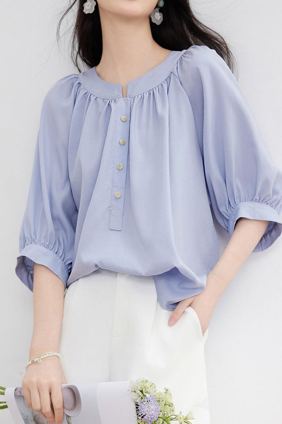 Casual gathered raglan lantern sleeve shirt - liwisi