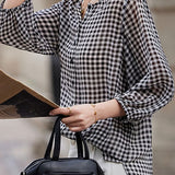 Checkered chiffon round neck button-up long sleeve sun protection shirt - liwisi