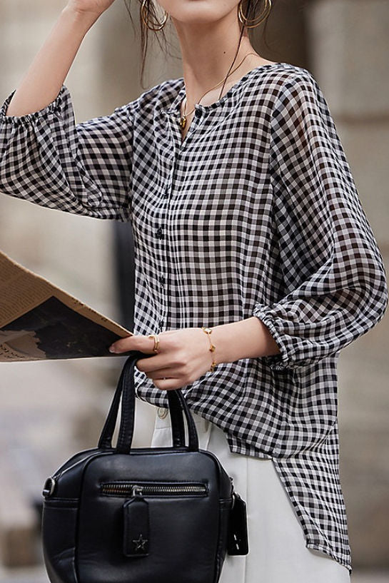 Checkered chiffon round neck button-up long sleeve sun protection shirt - liwisi