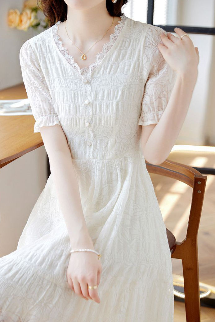 V-neck lace spliced A-line dress - liwisi