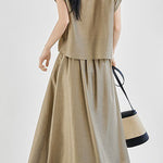Linen button-up irregular design short sleeve shirt with A-line long skirt set - liwisi