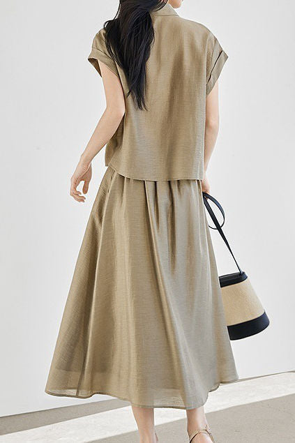 Linen button-up irregular design short sleeve shirt with A-line long skirt set - liwisi