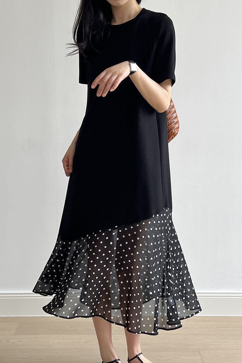 Spliced polka dot solid color dress - liwisi