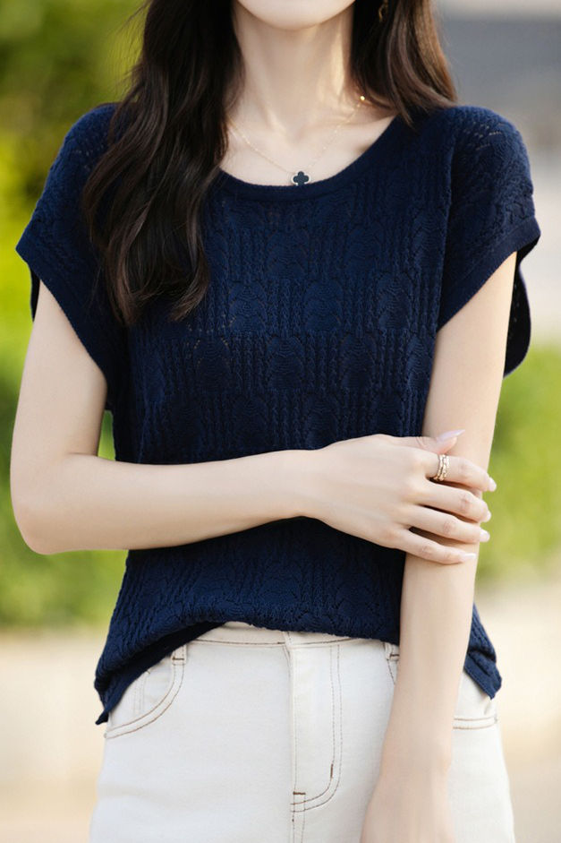 Hollow lace knit T-shirt - liwisi