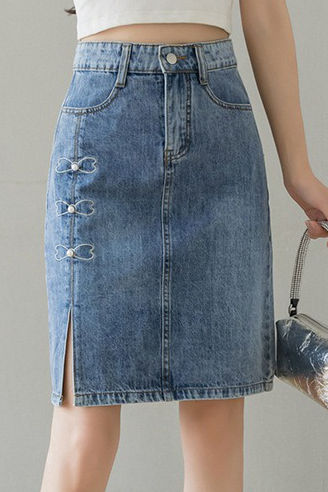 Embroidered beaded high-waisted slit denim skirt - liwisi