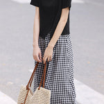 Side-slit short sleeve T-shirt with A-line plaid skirt set - liwisi