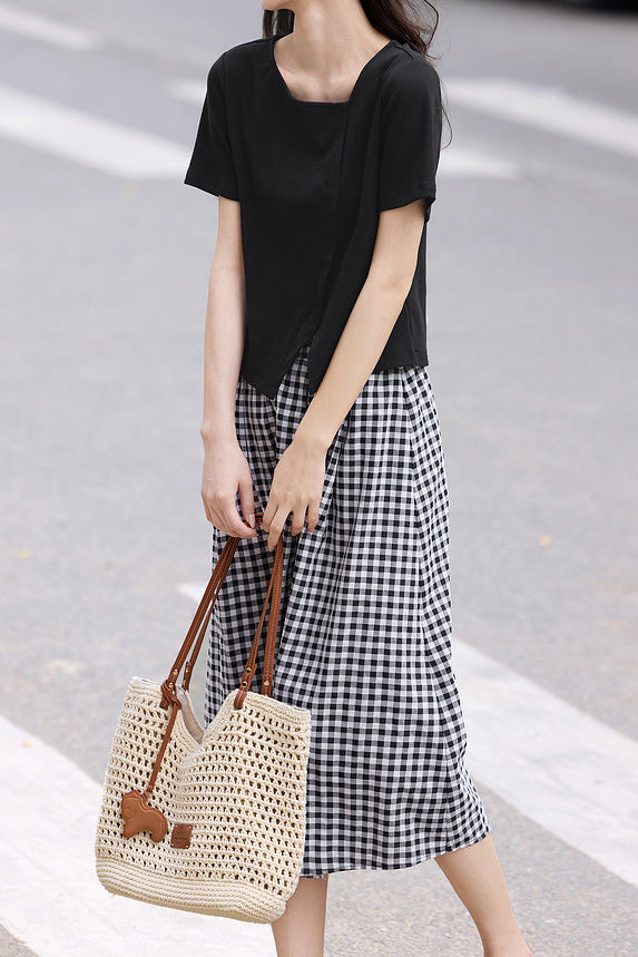 Side-slit short sleeve T-shirt with A-line plaid skirt set - liwisi