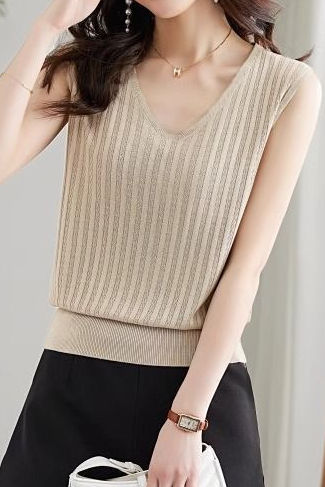 V-neck sleeveless textured knit tank top - liwisi