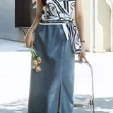 Trendy denim print patchwork dress - liwisi