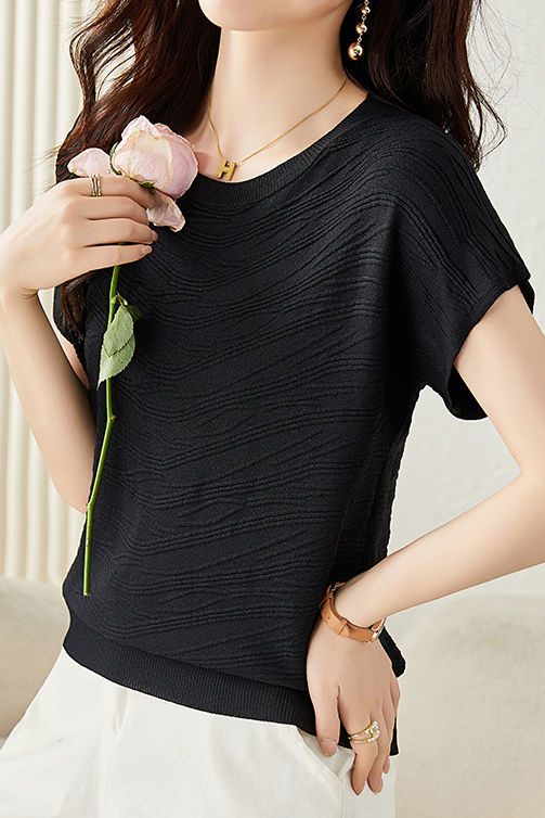 Solid color textured knit T-shirt - liwisi