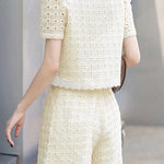 Round neck short sleeve hollow top and shorts two-piece set - liwisi