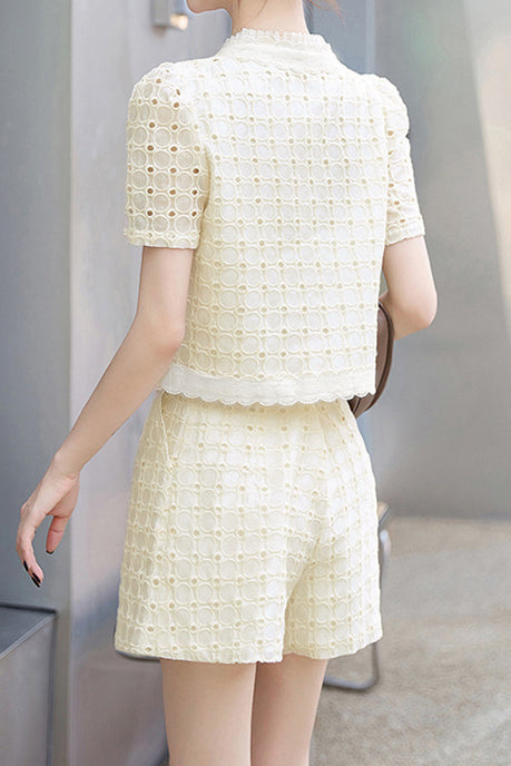 Round neck short sleeve hollow top and shorts two-piece set - liwisi