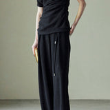 Textured off-shoulder fitted top with side pleats, loose pleated wide-leg pants two-piece set - liwisi