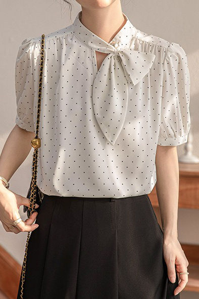 Polka dot bow tie short sleeve shirt - liwisi