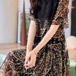 Round neck lace panel printed short sleeve dress - liwisi