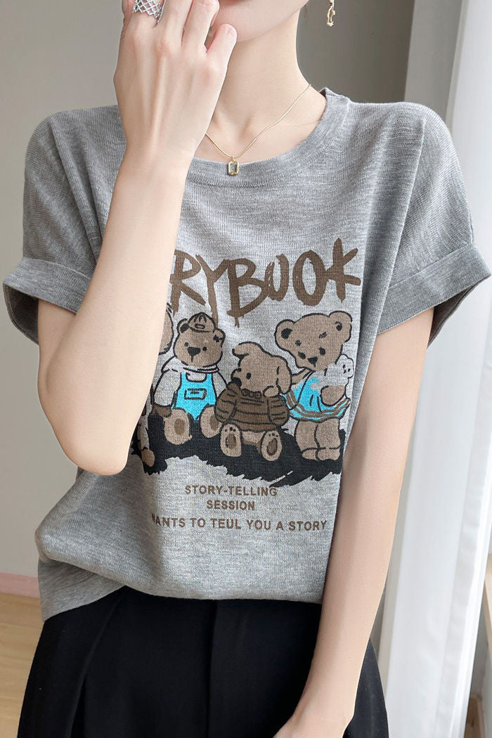 Lettered bear graphic short sleeve T-shirt - liwisi