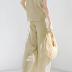 Casual collared sleeveless shirt with wide-leg long pants set - liwisi