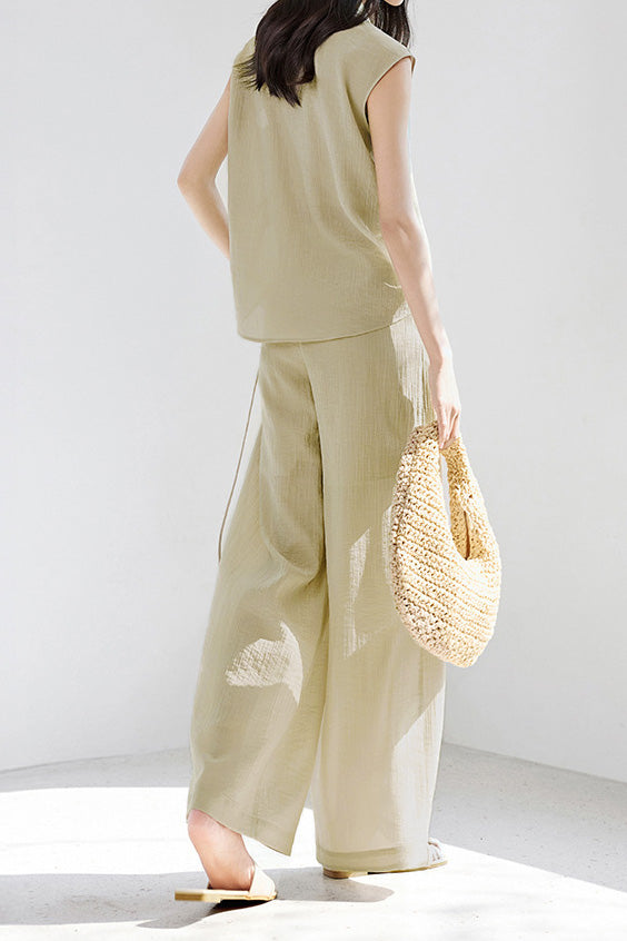 Casual collared sleeveless shirt with wide-leg long pants set - liwisi