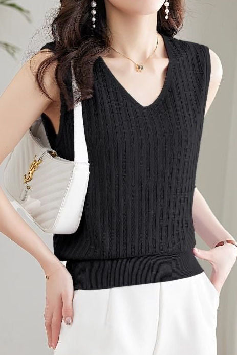 V-neck sleeveless textured knit tank top - liwisi