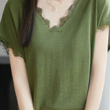 V-neck lace-trimmed knit T-shirt - liwisi