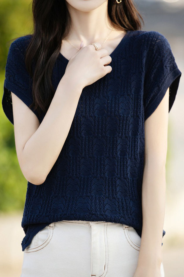 Hollow lace knit T-shirt - liwisi
