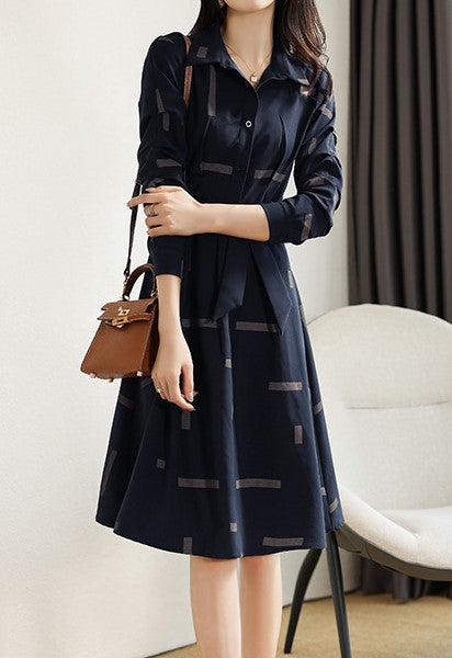 Geometric Print Croissant Sleeve Flare Shirt Dress - liwisi