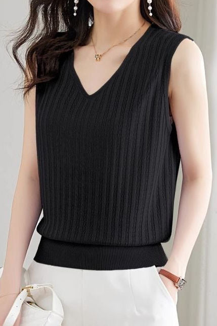 V-neck sleeveless textured knit tank top - liwisi